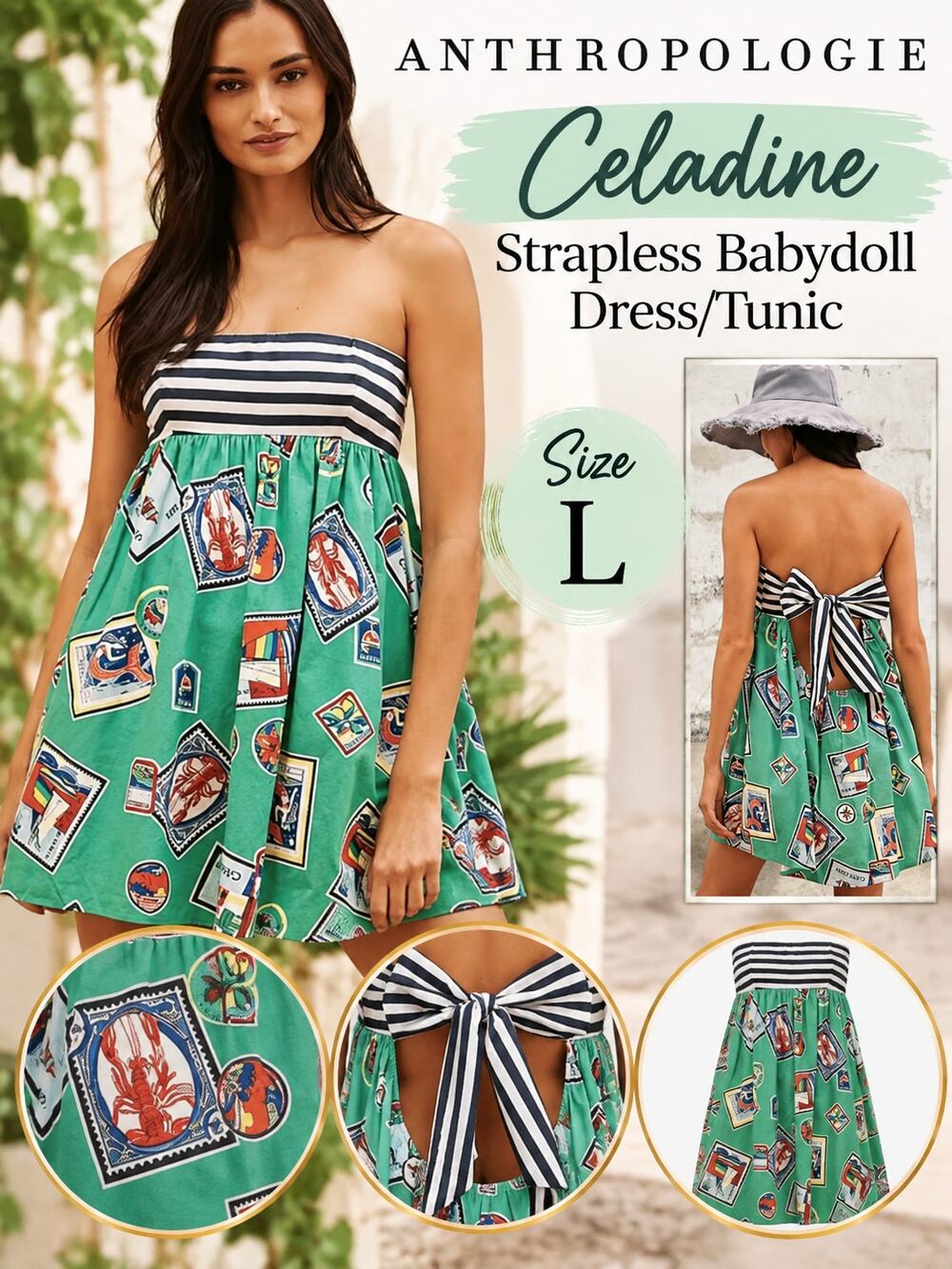 Anthropologie $98 Celadine Strapless Babydoll Dress/Tunic Size Large NWT